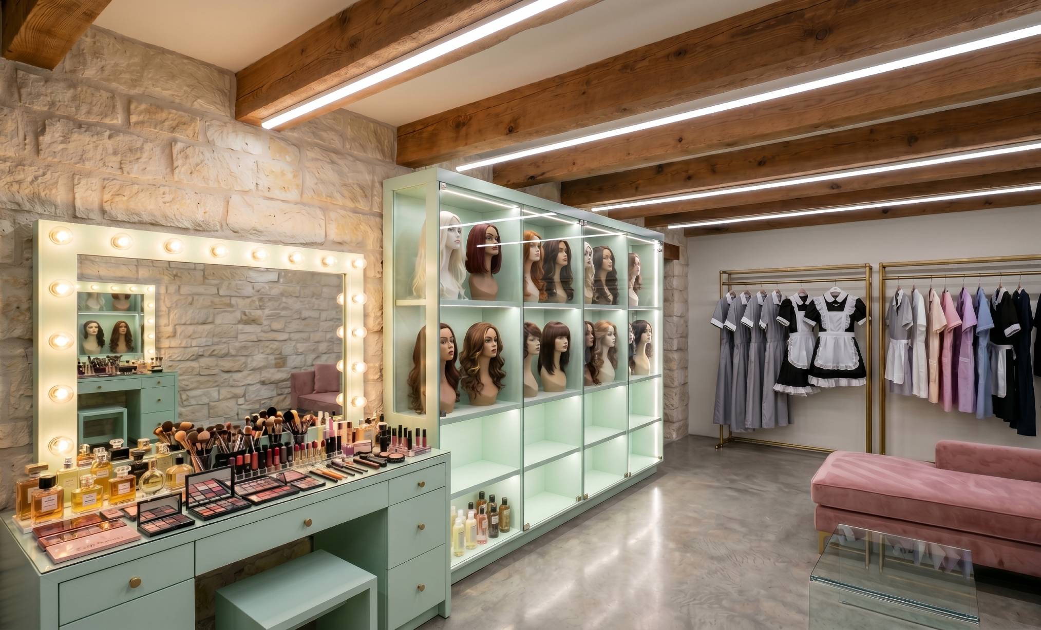 Sissy feminisation room at the Texas ranch dungeon — vanity stations, lingerie, heels, wigs and full feminisation equipment