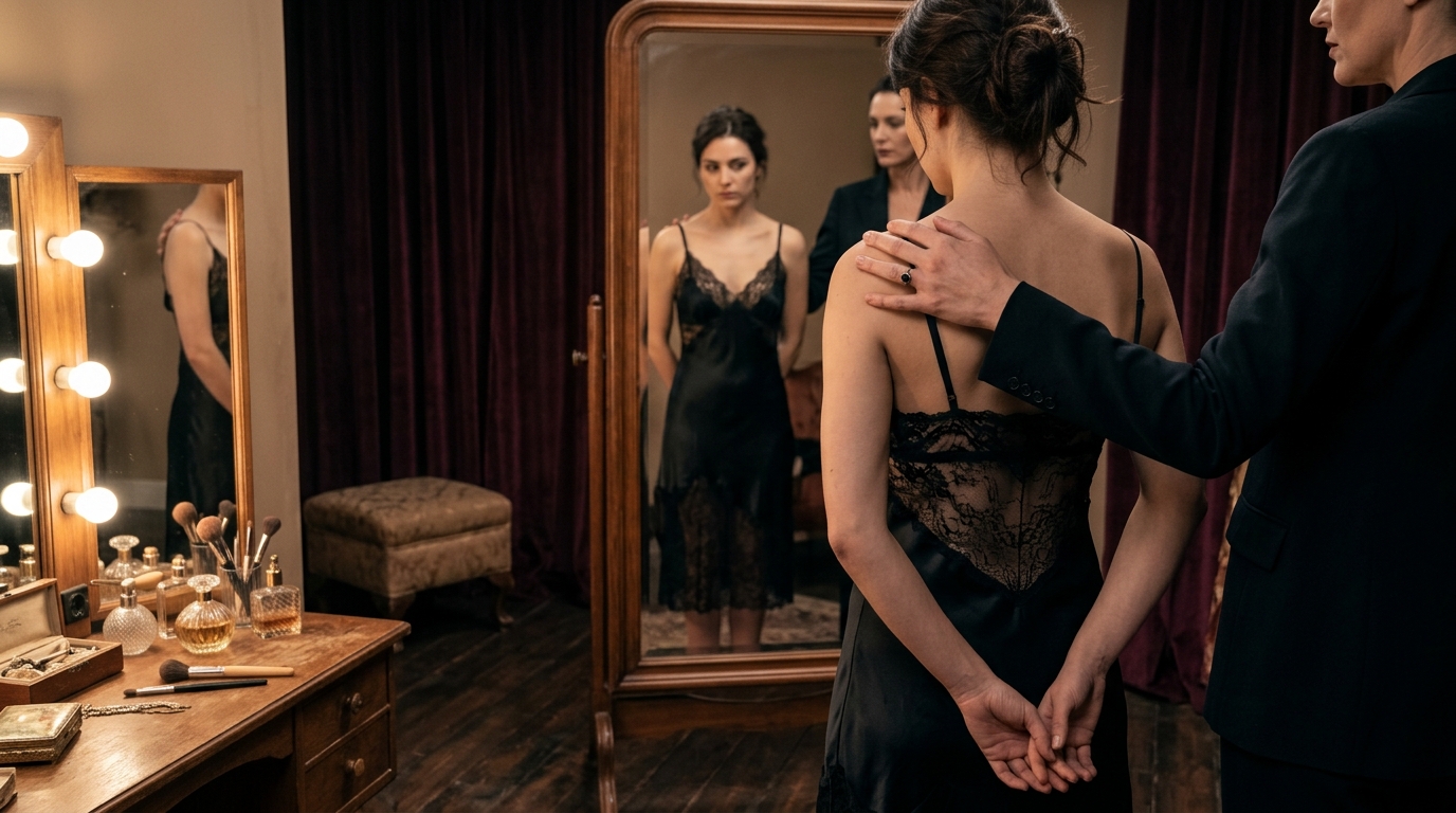A forced sissy in a lace slip with hands held behind their back, guided by a Mistress's hand on the shoulder in a dressing room — forced sissification surrender