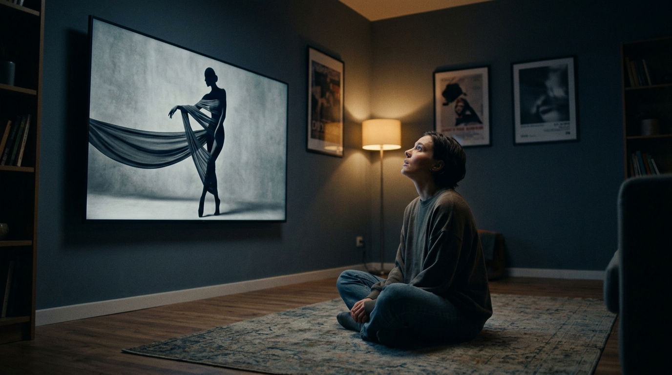 A forced sissy sitting on the floor looking up at an artistic silhouette of a beautifully bound figure on a large screen — the inspiration of sissies in panties porn