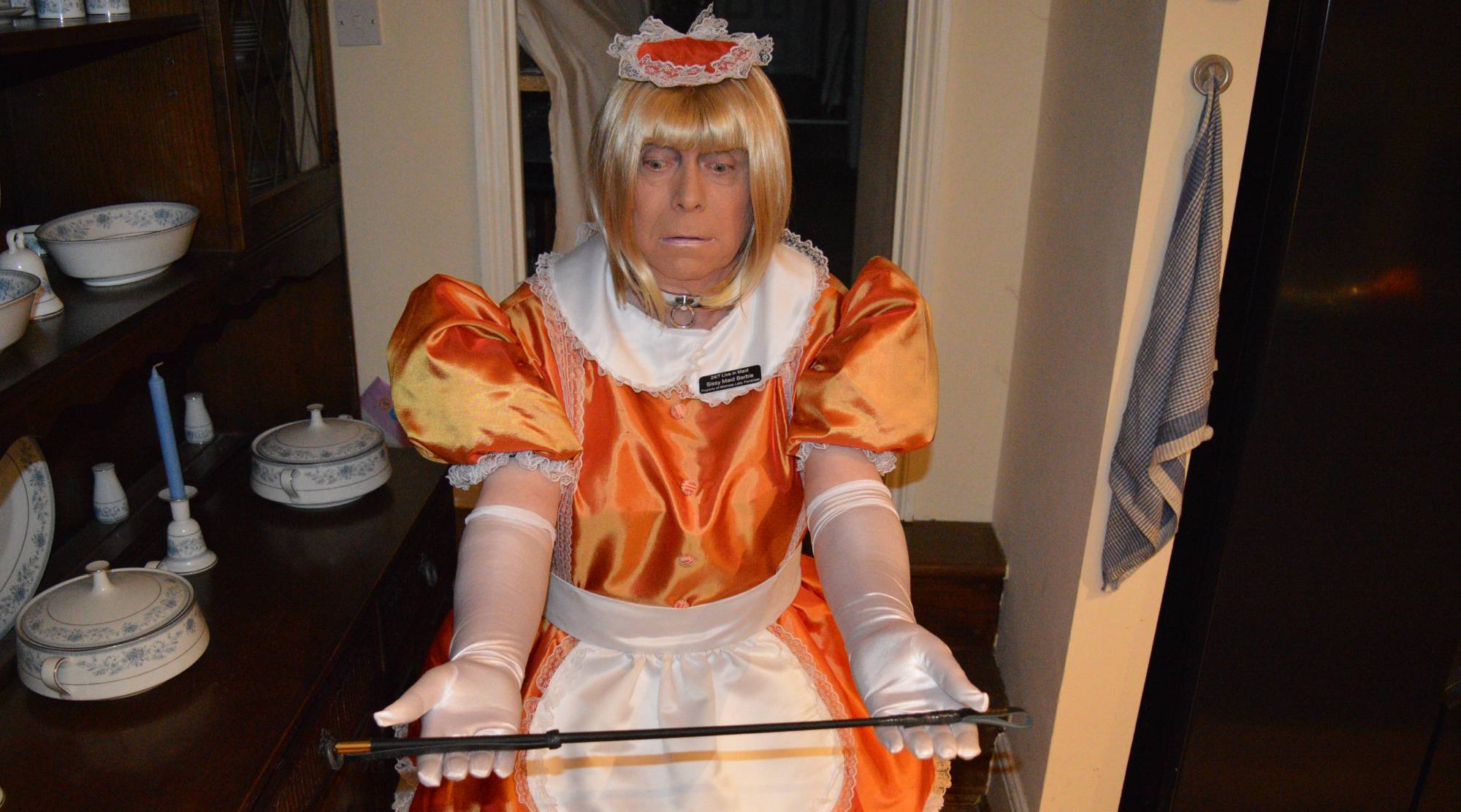 Sissy maid at Miss Mia's ranch — sissy maid dress, sissy french maid crossdresser and femdom sissy maid discipline